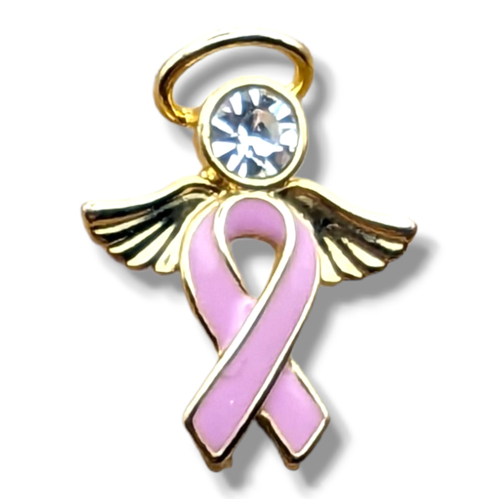 Pink Ribbon Gold Tone Angel Rhinestone Hat Lapel Pin Brooch Brest Cancer - Picture 4 of 4
